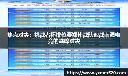 焦点对决：挑战者杯排位赛郑州战队迎战南通电竞的巅峰对决